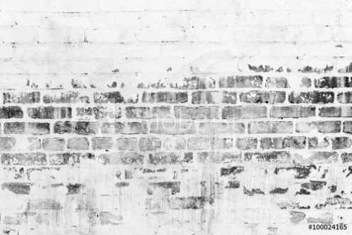 Picture of Old brick wall with damaged white paint layer